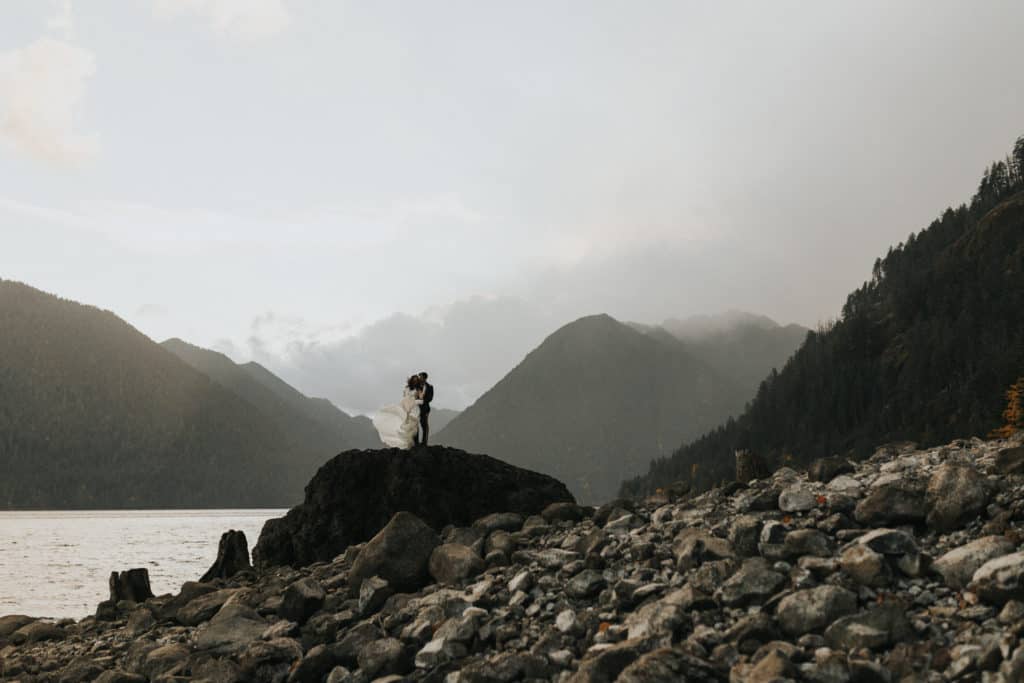 Bride and groom portrait during their elopement in Lake Crescent Lodge, Washington.