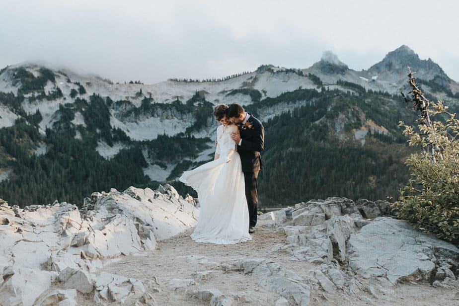 Elopement in Mt. Rainier with a bride and groom during their elopement. 