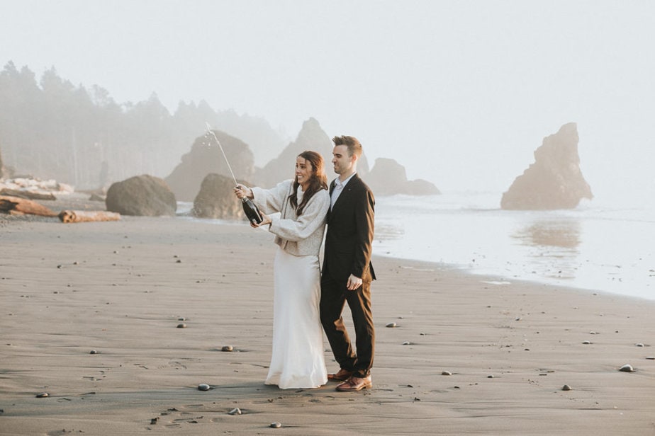 Bride and groom celebrate their elopement in Olympic National Park.