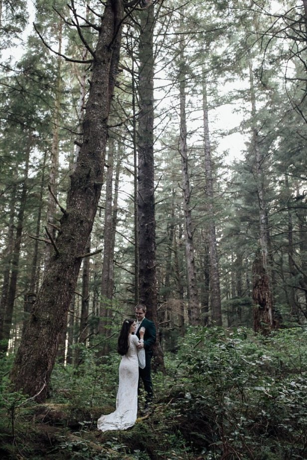 Bride and groom in the forest in northern Michigan
