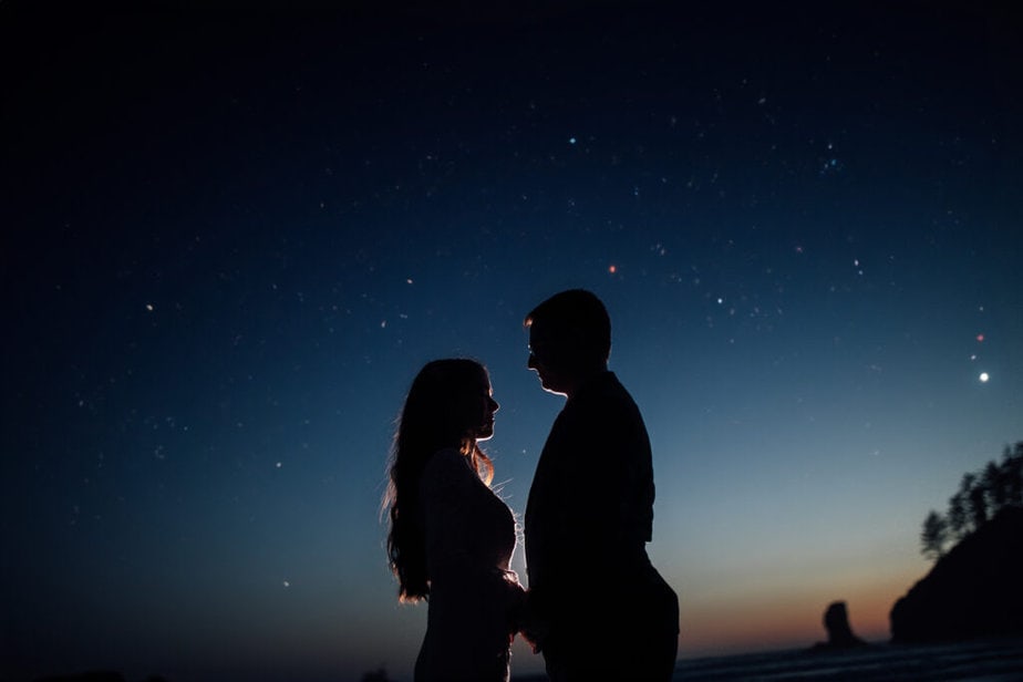 Bride and groom surounded by the starry night on Michigan