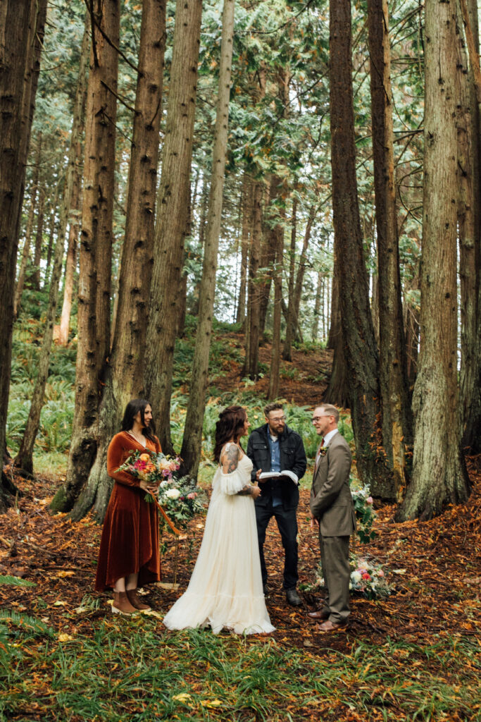 Elopement ceremony in the woods in Olympic National Park, Washington.