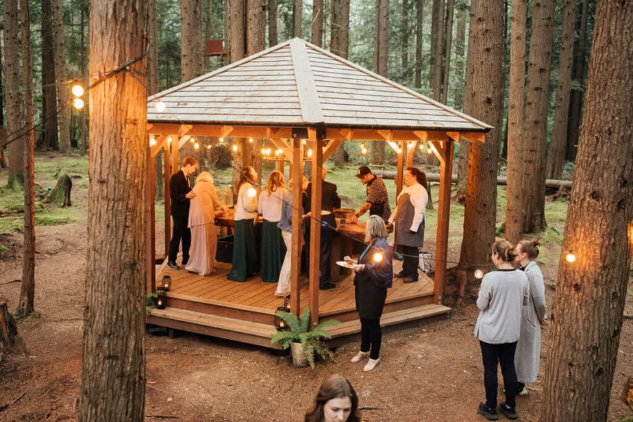 During an intimate wedding, guests mingle together. 