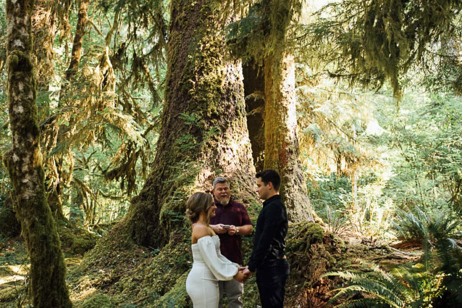 An elopement ceremony in Hoh Rainforest in Forks, Washington.