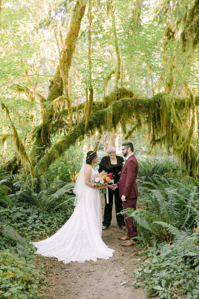 An elopement ceremony in the Hoh Rainforest in Forks, Washington.