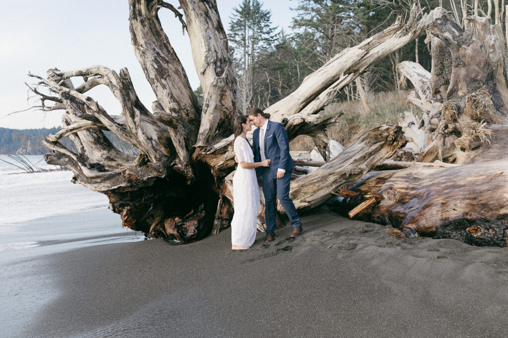 Bride and groom on the beaches of Kalaloch Beaches in Forks, Washington.