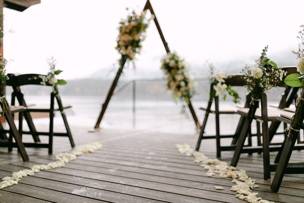 An elopement ceremony set up on Lake Crescent.