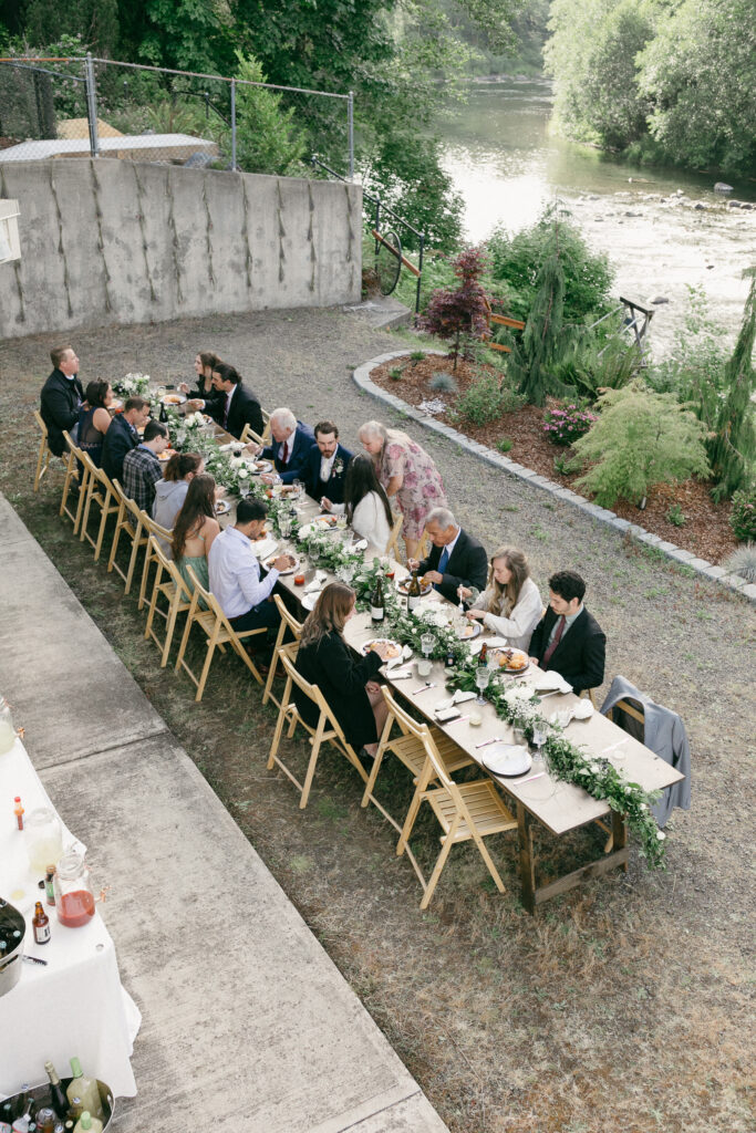 An aerial shot of a tablescape for an elopement in Forks, Washington.