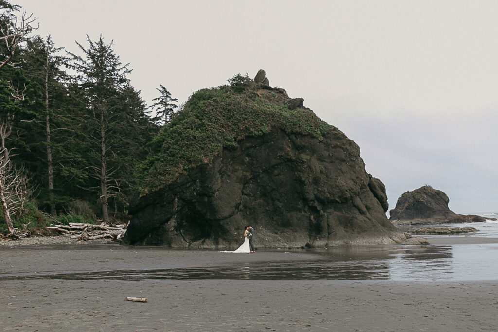Bride and groom on Second Beach in Forks, Washington