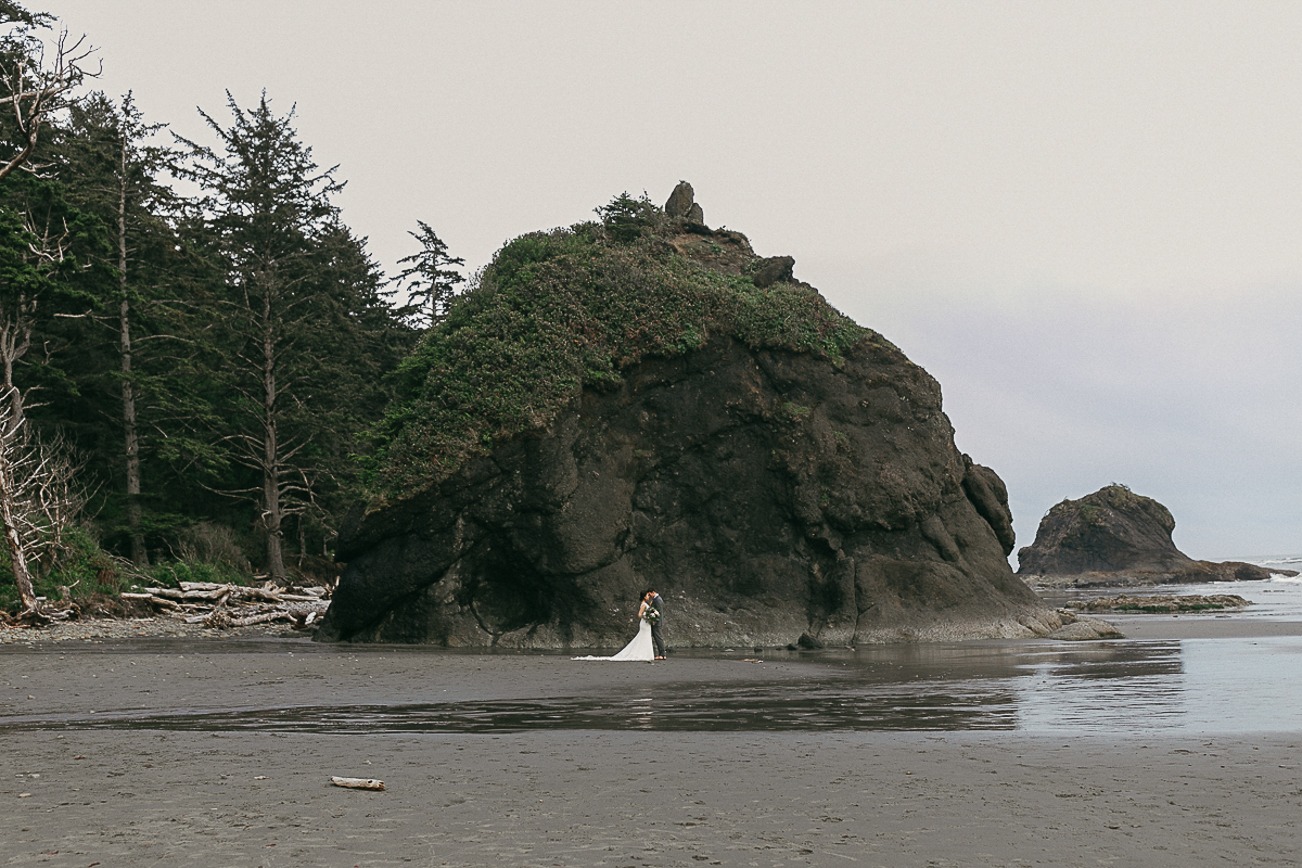 Bride and groom on Second Beach in Forks, Washington