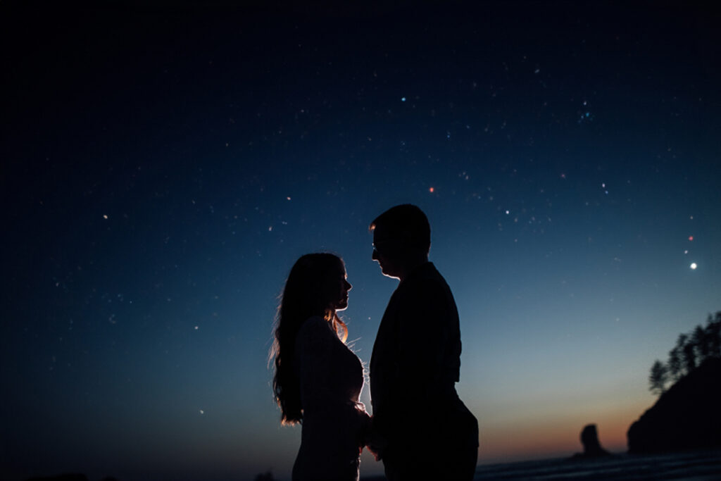 Under the stars, an elopement on La Push Beach in Forks, Washington.